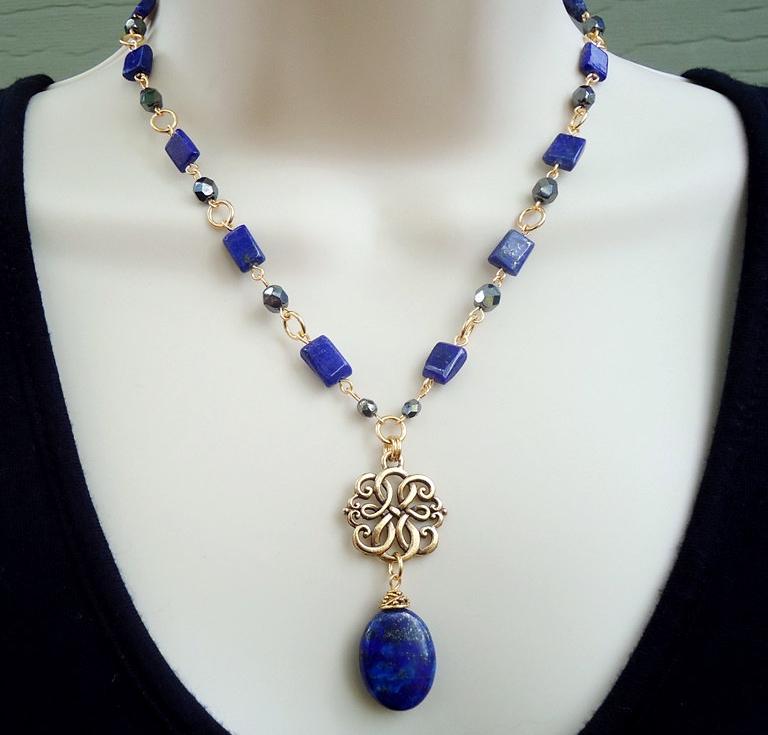Blaue Lapis Lazuli Edelstein Anhänger Halskette Braut Statement Schmuck, Geschenk, Handgemacht von GinaJiangDesign