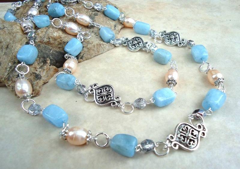 Lange Halskette Aquamarin Edelstein Süßwasserperlen Lariat Statement Doppelstrang Blau Layering Brautmutter Valentinstag Geschenk Handgemacht von GinaJiangDesign