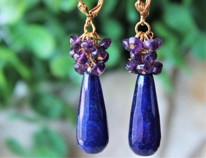Blauer Lapis Und Amethyst Edelstein Ohrringe Braut Statement Schmuck, Geschenk, Handgemacht von GinaJiangDesign