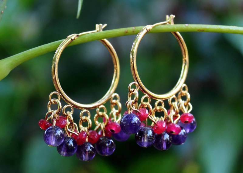 Multi Edelstein Hoop Ohrringe Lila Amethyst Rubin Rot Jade Gold Silber Kronleuchter Ohrring Statement Braut Handgemacht von GinaJiangDesign