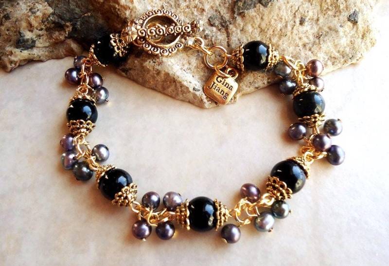 Schwarzer Onyx Cluster Armband Peacock Perle Toggle Gold Silber Braut Jet Black Mütter Geburtstag Edelstein Geschenk Statement Handmade von GinaJiangDesign