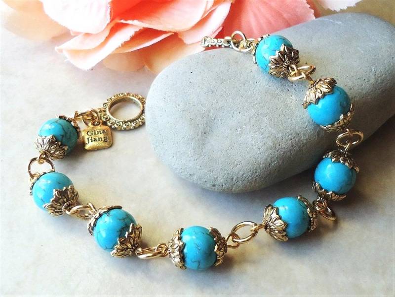 Türkis Edelstein Perlen Armband Knebel Gold Silber Blau Braut Statement Perlenarbeit Boho Stein Geschenk Handmade von GinaJiangDesign