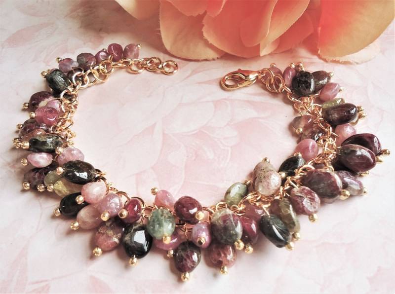 Wassermelone Turmalin Stein Cluster Armband Multi Farben Edelstein Gold Silber Formelle Braut Chunky Erklärung Geburtstag Rosa Grün Handmade von GinaJiangDesign