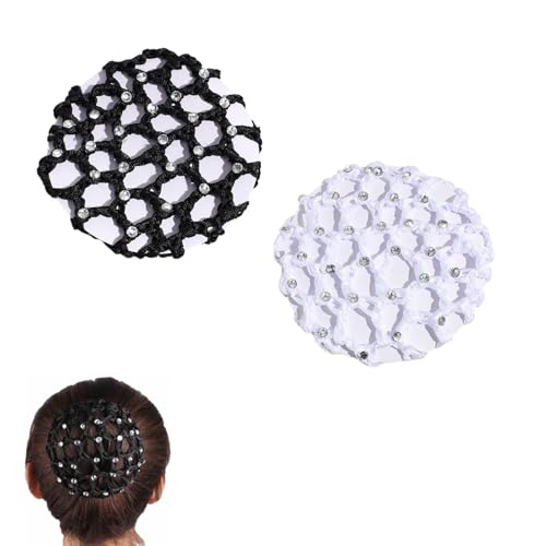 Dutt Netz Haarnetz,2 Pcs Dutt Netz mit Strasssteinen Bun Frisurenhilfe Stoff Knotennetz Ballett Haarnetz Dutt Mädchen Haargummi Strass für Gymnastik Rhythmische Sportgymnastik Ballett(Schwarz,Weiß) von Ginddy