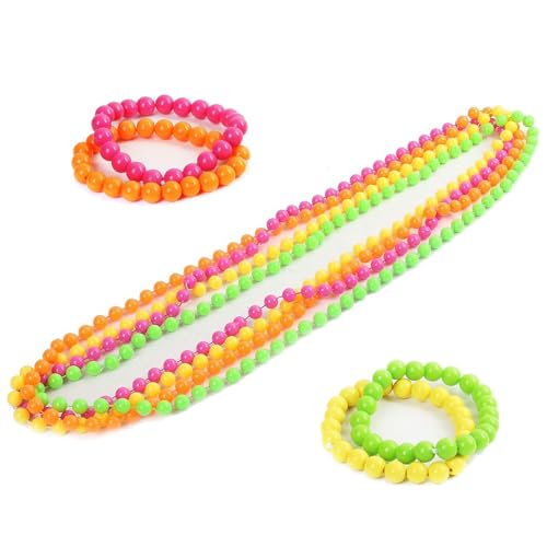 Ginddy 80er-Jahre-Neon-Party-Accessoires,1980er Jahre Kostümzubehör Set 4er Pack Fluoreszierende Neon Armbänder+4er Pack Neon Halskette Kunststoff Rave Perle für Party Kostüm Dress Up Multicolor von Ginddy