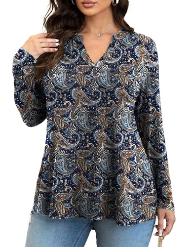 GingDin Damen Plus Size Tops Langarm Shirts Blusen(Blue,1X) von GingDin