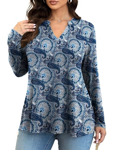 GingDin Damen Plus Size Tops Langarm Shirts Blusen(Blue,3X) von GingDin