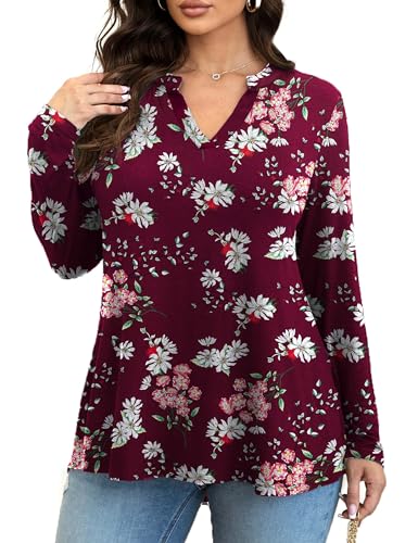 GingDin Damen Plus Size Tops Langarm Shirts Blusen(Wine,2X) von GingDin