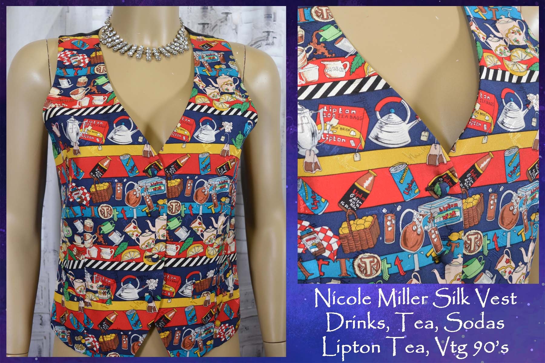 Nicole Miller Seide V Halsweste, Getränke, Teekanne, Lipton Teebeutel, Kaffee, Soda, Made Korea, Von 1994, Schwarz, Rot, Sz S, Büste Bis 1994 von GingerHeadVintage