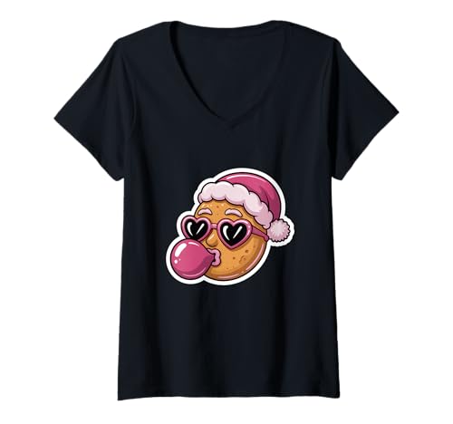 Damen Vintage Retro Lebkuchen Weihnachten Bubble Gum Pink Gläser T-Shirt mit V-Ausschnitt Damen Vintage Retro Lebkuchen Weihnachten Bubble Gum Pink Gläser T-Shirt mit V-Ausschnitt von Gingerbread Man Bubble Gum