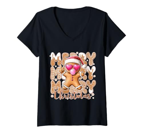 Damen Lustiger und Cooler Lebkuchen-Weihnachtsmann-Weihnachtsplätzchen T-Shirt mit V-Ausschnitt Damen Lustiger und Cooler Lebkuchen-Weihnachtsmann-Weihnachtsplätzchen T-Shirt mit V-Ausschnitt von Gingerbread christmas