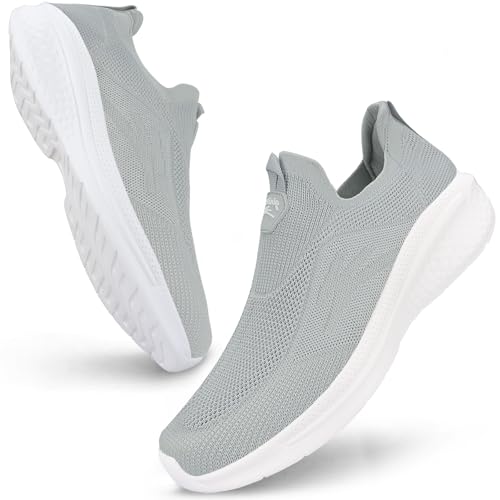 Giniros Schuhe Herren Laufschuhe Slip On Sneaker Leichte Atmungsaktiv Sportschuhe Bequem Turnschuhe für Outdoor Fitness Straßenlaufschuhe Walkingschuhe, Hellgrau 40EU von Giniros