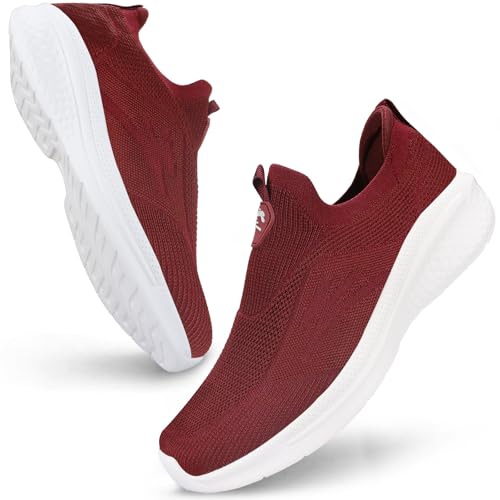 Giniros Schuhe Herren Laufschuhe Slip On Sneaker Leichte Atmungsaktiv Sportschuhe Bequem Turnschuhe für Outdoor Fitness Straßenlaufschuhe Walkingschuhe, Rot 43EU von Giniros