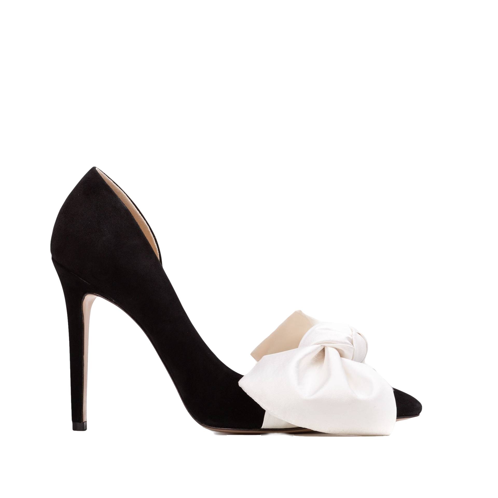 Samantha black suede and oversized white satin bow open sided stiletto von Ginissima