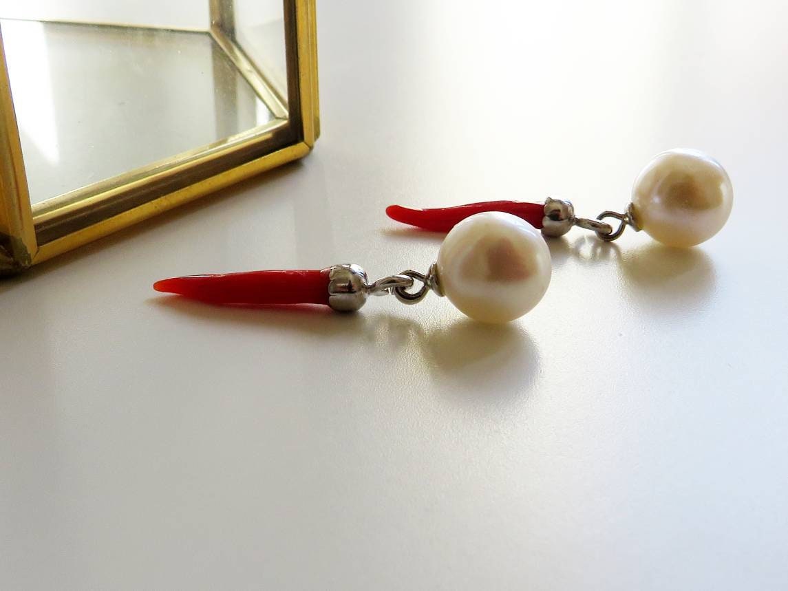 925 Silber Ohrringe Mit Roten Perlen Und Croissants von GiniusaShop