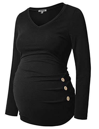 GINKANA Umstandsshirt Langarm Basic Top Rüschen Seiten Knöpfe T-Shirt für Schwangere, Schwarz, XX-Large von GINKANA