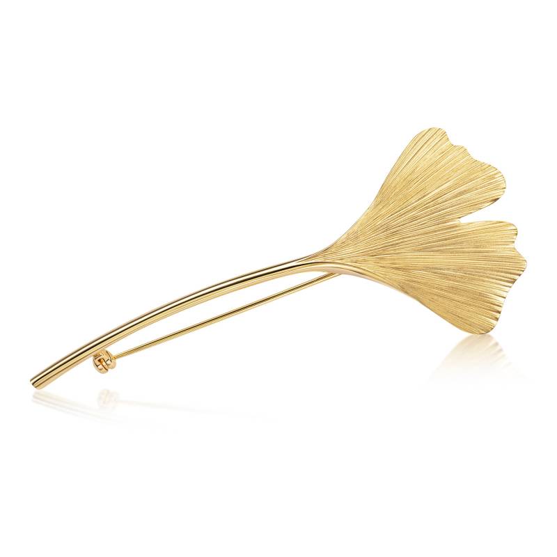 Schmale Goldene Brosche Als Schönes Ginkgo-Blatt Mit Stiel, Handgefertigt in Deutschland Aus 925 Silber Ewig Haltender Vergoldung von GinkgoSchmuckundmehr