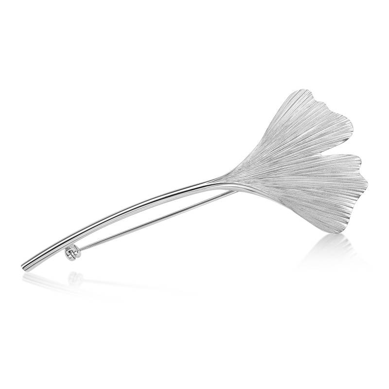 Silberne Längliche Brosche Als Schönes Ginkgo-Blatt Mit Stiel, Handgefertigt in Deutschland Aus 925 Silber, 7, 5 cm Lang, 3 Breit von GinkgoSchmuckundmehr