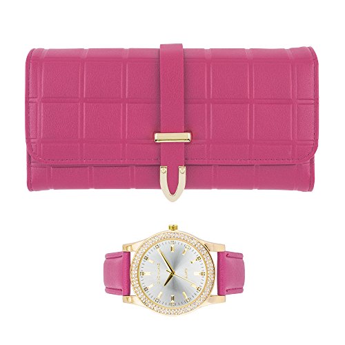 Gino Milano Elegante Damen-Armbanduhr mit Lederband und passendem dreifach gefaltetem Portemonnaie-Set, stilvolle goldene Uhr mit Leder-Clutch, perfektes Brieftaschen-Set für Damen, hot pink von Gino Milano
