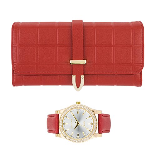 Gino Milano Elegante Damen-Armbanduhr mit Lederband und passendem dreifach gefaltetem Portemonnaie-Set, stilvolle goldene Uhr mit Leder-Clutch, perfektes Brieftaschen-Set für Damen, rot Gino Milano Elegante Damen-Armbanduhr mit Lederband und passendem dreifach gefaltetem Portemonnaie-Set, stilvolle goldene Uhr mit Leder-Clutch, perfektes Brieftaschen-Set für Damen, rot von Gino Milano