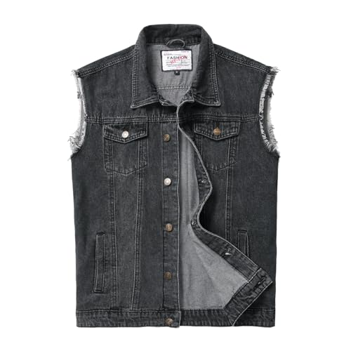 Ginsiom Herren-Denim-Weste, ärmellos, Jeansjacke, zerrissene, dehnbare Distressed-Kampfweste für Herren, ärmellose Oberbekleidung, 938 Grau, XXL von Ginsiom