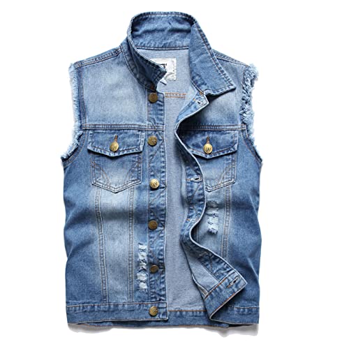 Ginsiom Herren-Denim-Weste, ärmellose Jacke, schmale Passform, Vintage, lässig, zerrissene Sommer-Jean-Weste für Männer, Hell, blau, L von Ginsiom