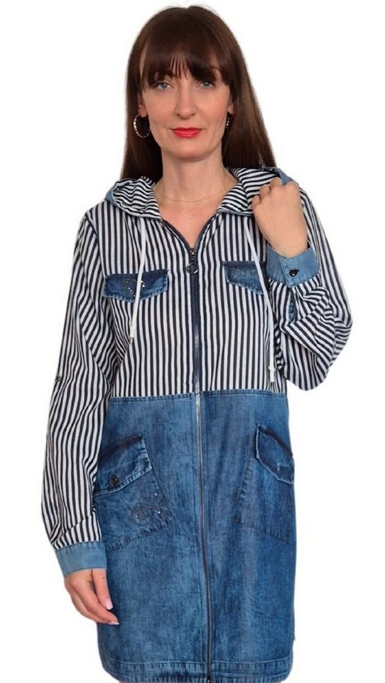 Gio Milano Blusenjacke G28-9102, in Jeansoptik und Strassbesatz 2 Wege Reißverschluss, gestreift, mit Taschen von Gio Milano