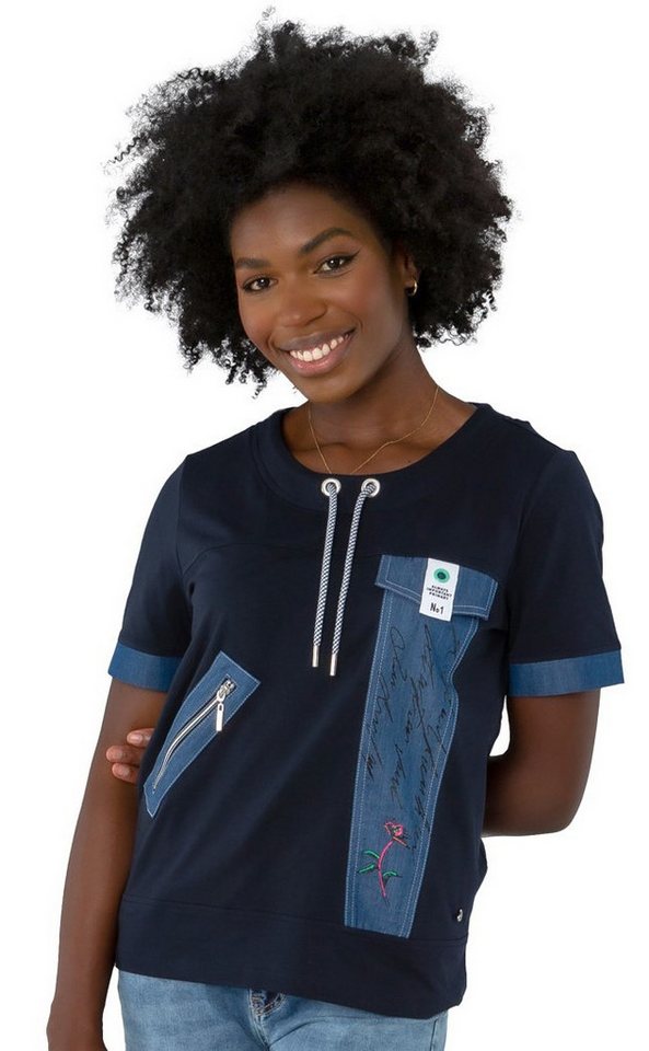 Gio Milano Kurzarmshirt G30-1110, mit Denimpatch und U-Bootausschnitt Zierreißverschluss, eingesetzter Denimstreifen von Gio Milano