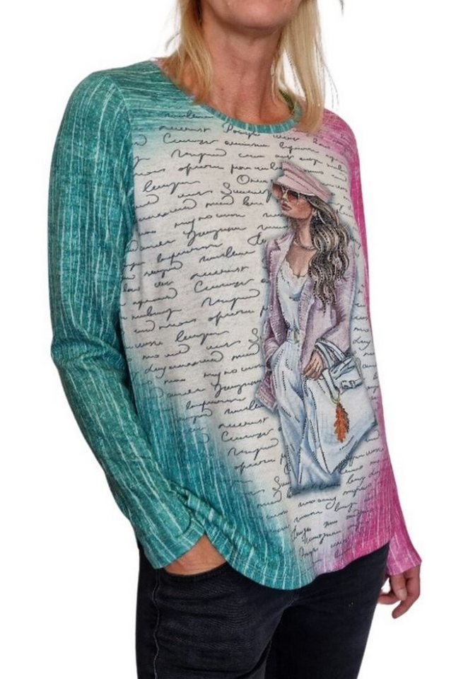 Gio Milano Langarmshirt G27-7620 Langarmshirt im Farbverlauf mit strassbesetzten Frontprint "Soft Touch" von Gio Milano