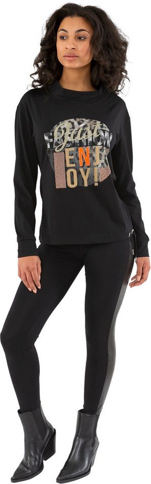 Gio Milano Langarmshirt G29-1113, "just enjoy" mit Strass und Animalprint mit Stehbundkragen von Gio Milano
