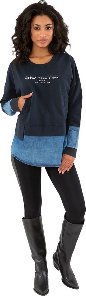 Gio Milano Rundhalspullover G29-7114, Pullover mit Jeansbesatz verlängerter Saum in Denim-Optik von Gio Milano