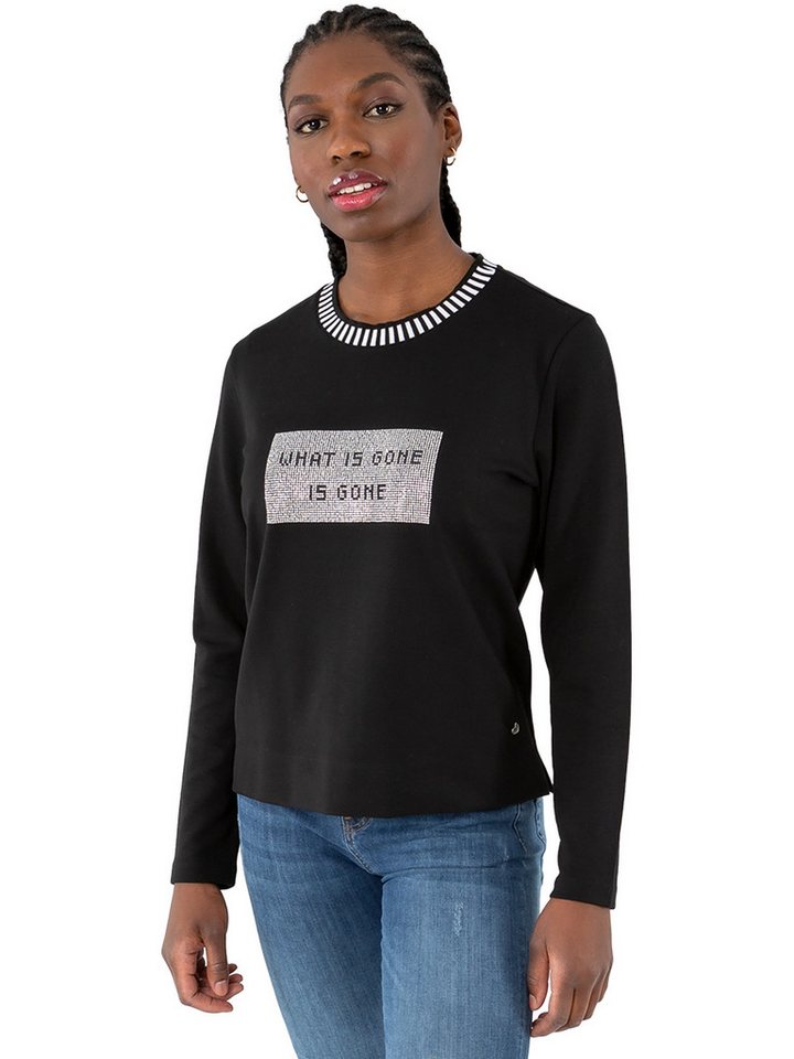 Gio Milano Rundhalspullover G31-7312, "what is gone" mit Strassbesatz gestreifter Ausschnitt von Gio Milano