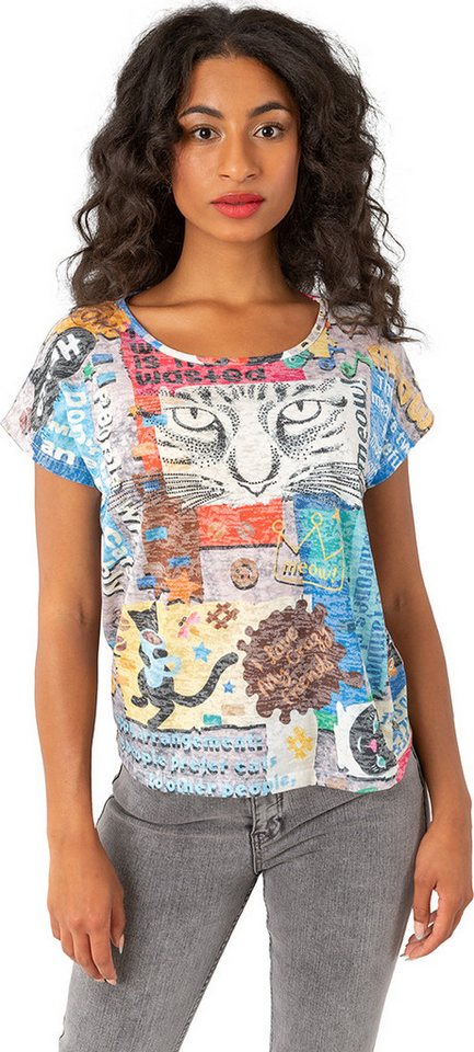 Gio Milano Rundhalsshirt G28-1616, "crazy cat" mit Strassbesatz auffälliger Katzenprint von Gio Milano