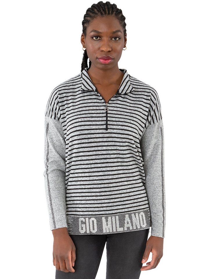Gio Milano Stehkragenpullover G31-7601, gestreift mit Zip mit Strassbesatz an den Ärmeln und dem Saum von Gio Milano