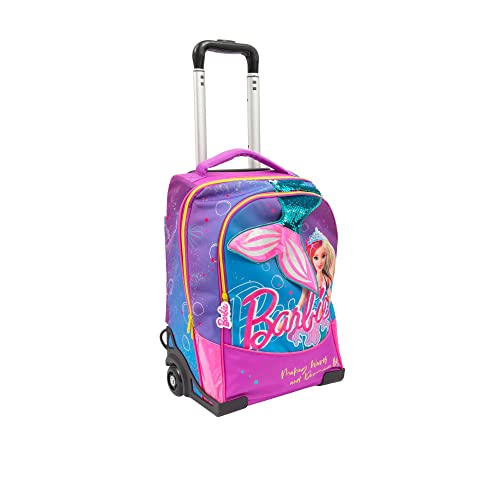 Giochi Preziosi - Rucksack mit Trolley Barbie – mit aufklappbarem Meerjungfrauenschwanz, 2 Fächer mit Reißverschluss, gepolsterte Schultergurte, geeignet für die Grundschule, Maße 34 L x 47 H x 23 T von Giochi Preziosi