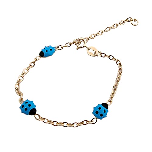 Gioielli Aurum - Armband aus 585er Gelbgold mit blauem Marienkäfer Armband für Kinder, Baby, zur Taufe, Länge 14,50 cm, verkürzbar auf 12 (12 cm + 2,50 cm Verlängerung), perfektes Geschenk zur Geburt, von Gioielli Aurum