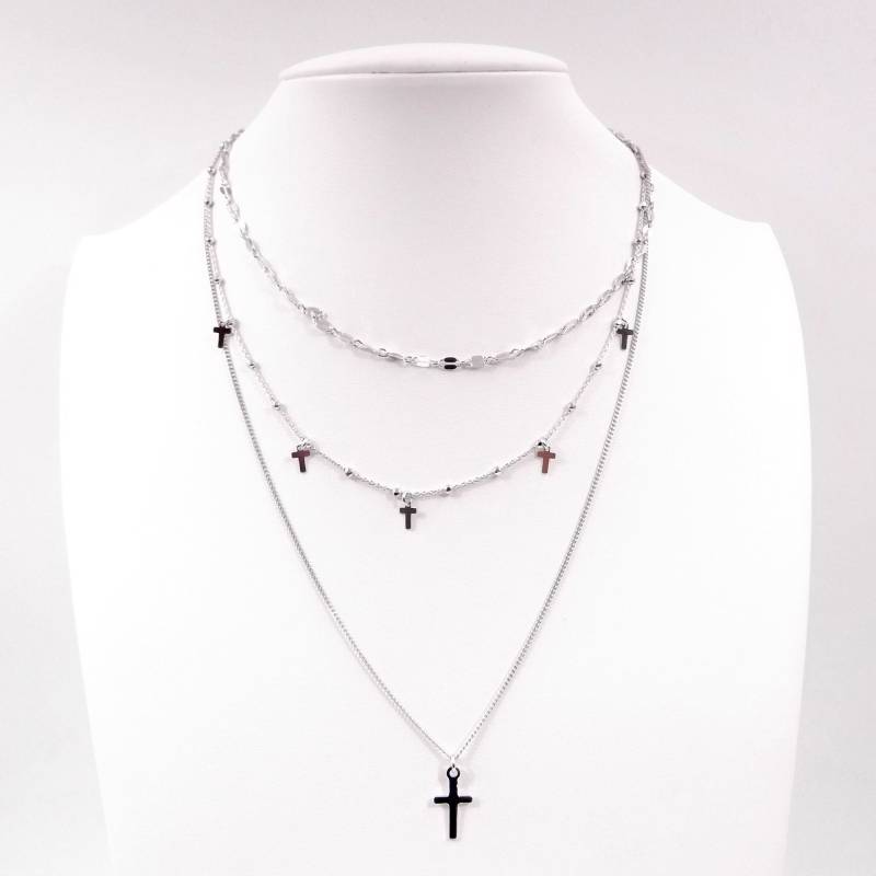 Damen 925 Silber Multiwire Halskette Mit 3-Lagigem Rundhalsausschnitt Anhängerkreuz von GioielliAurum