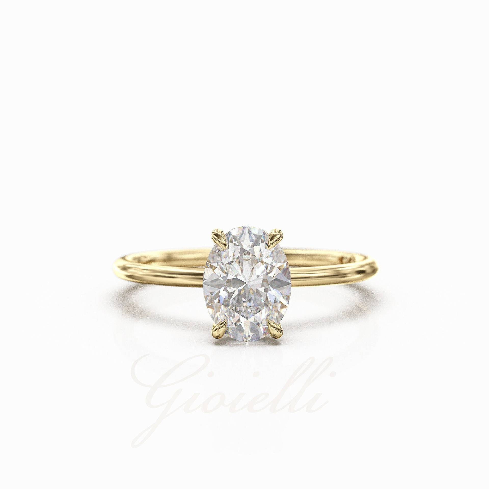 1.5Ct Oval Igi Certified Lab Grown Diamond, Hidden Halo Diamant, 14K/18K Solid Gold Ring 1.5mm Band von GioielliRings