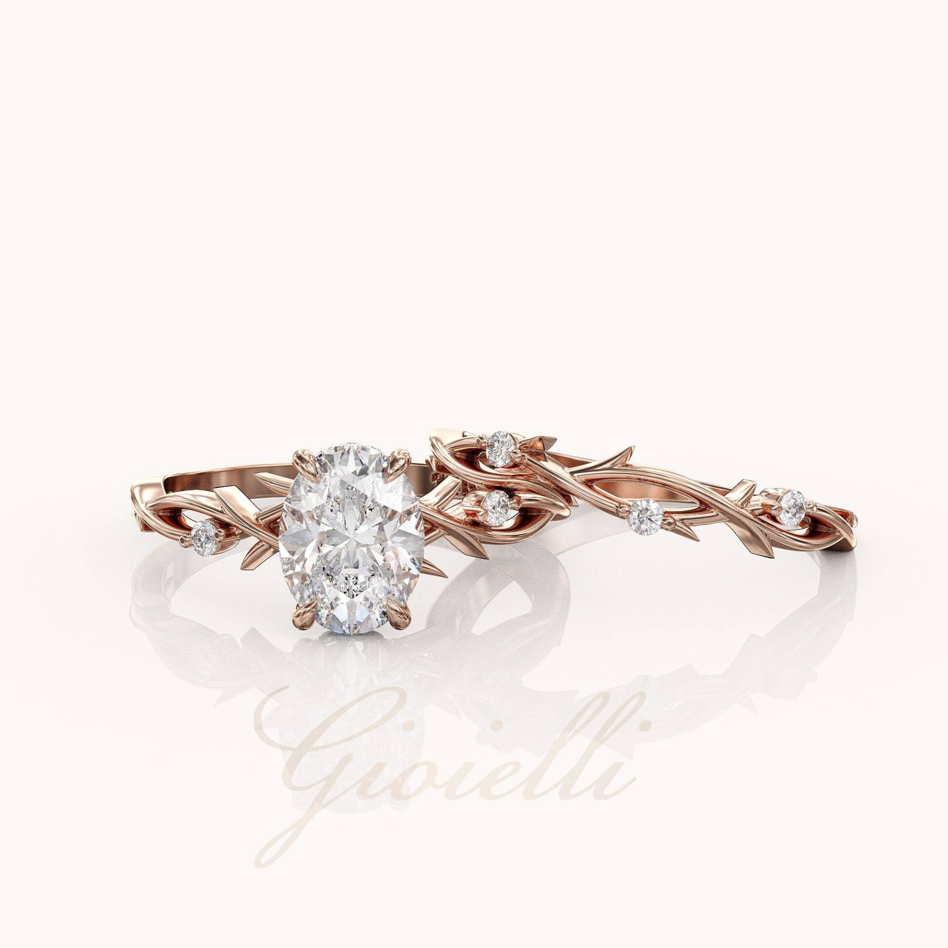 1.5Ct Zierlicher Zweig Verlobungsring Set, Oval Moissanit, Natur Ring 14K/18K Gold von GioielliRings