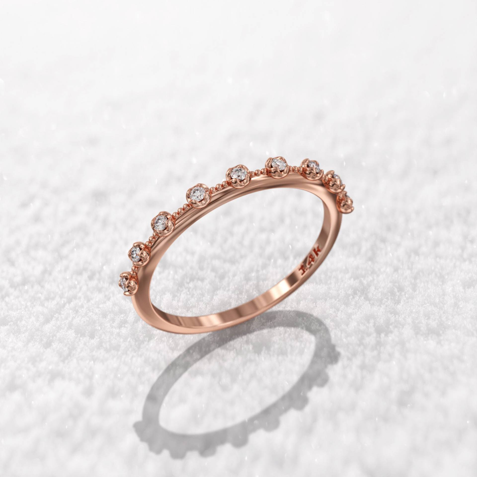 14K Diamant Ehering Zierlich Halbe Ewigkeit 1, 4mm Dünn Minimal Bandmesserrand Milgrain Ring von GioielliRings