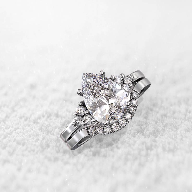 2 Karat Birne Moissanit Verlobungsring Set 6 Steine Diamant & Weißgold Braut Geschwungener Ehering Brautring von GioielliRings