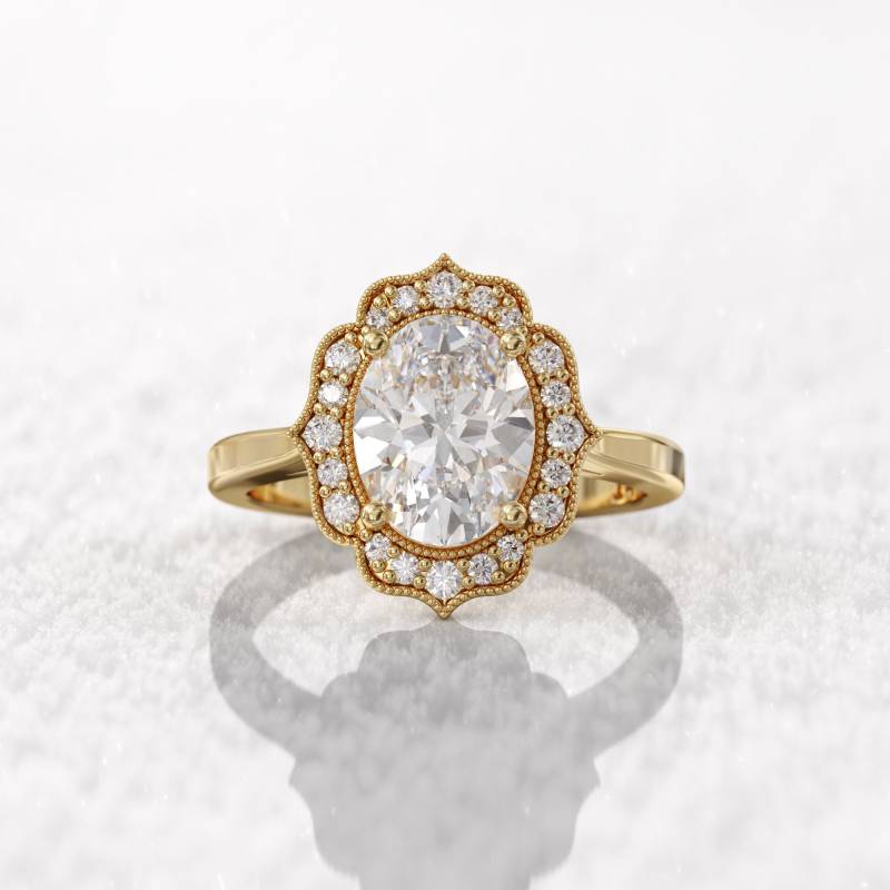Art Deco Verlobungsring Stil 2Ct Ovaler Moissanit & 0.20Ct Halo Diamant Milgrain Ring von GioielliRings