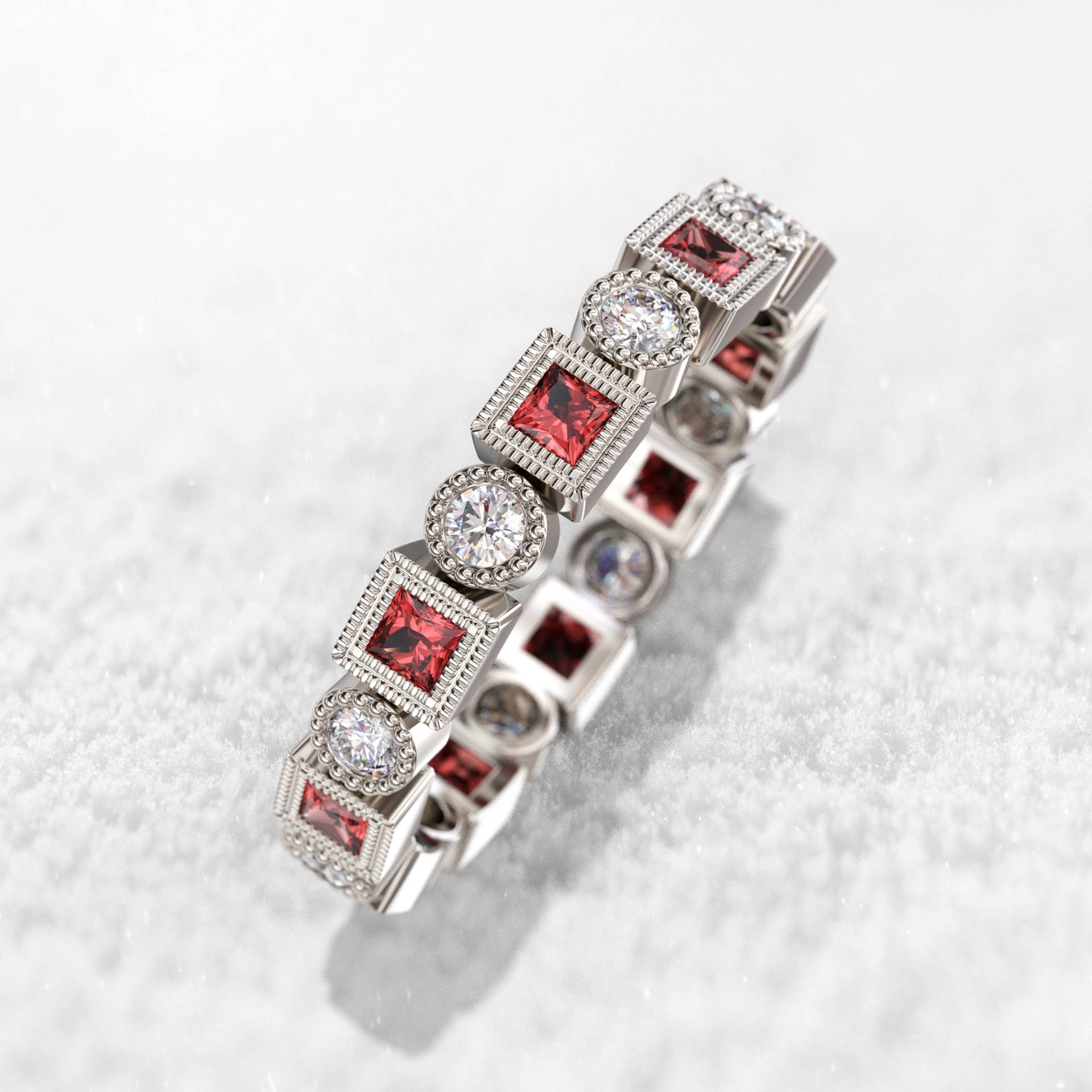 Echter Rubin Ehering Diamant Eternity Rring Natürliche 3 Mm 14K Weißgold Milgrain Lünette Band Handgefertigt von GioielliRings