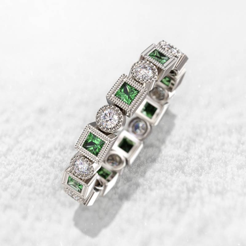 Echter Smaragd Ehering Diamant Eternity Rring Naturdiamant 3 Mm 14K Rose Gold Milgrain Lünette Band von GioielliRings