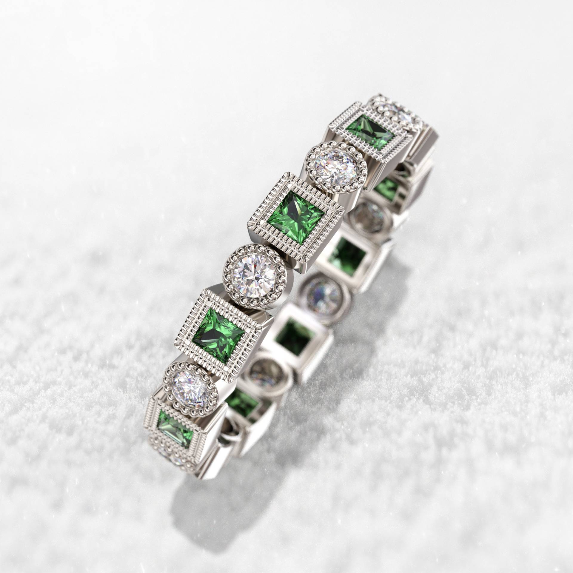 Echter Smaragd Ehering Diamant Eternity Rring Naturdiamant 3 Mm 14K Rose Gold Milgrain Lünette Band von GioielliRings