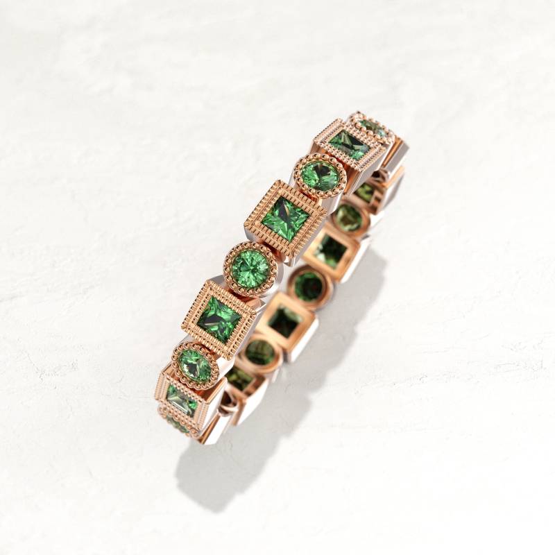 Echter Smaragd Ehering Eternity Ring Natürlicher Runde & Princess Cut Milgrain Lünette Band 3 Mm Hochzeit 14K Roségold von GioielliRings