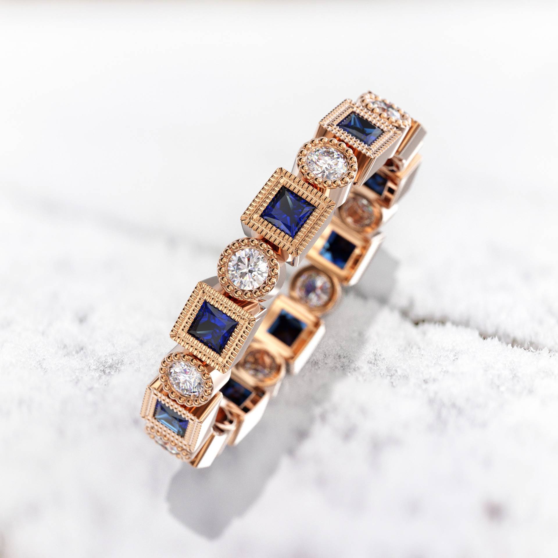 Eleganter Roségold-Saphir-Diamant-Eternity-Ehering - Kundengerechtes 14K Goldband, Kostenloser Versand, Inklusive Geschenkbox von GioielliRings