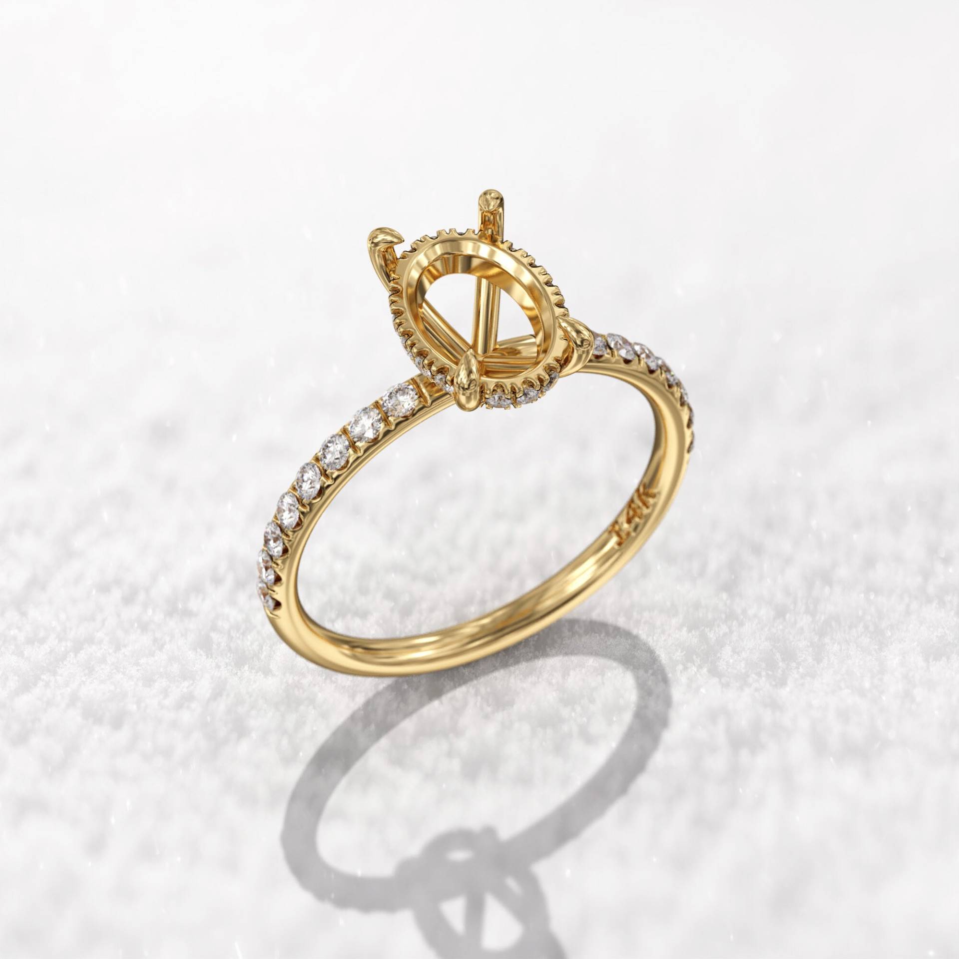 Halb Montierte Verlobungsring Ovale Einstellungen 9.4x6.55mm 14K Solidem Gold 1, 6mm Dünnes Band Versteckter Halo-Diamant & Mikropave-Diamantband von GioielliRings