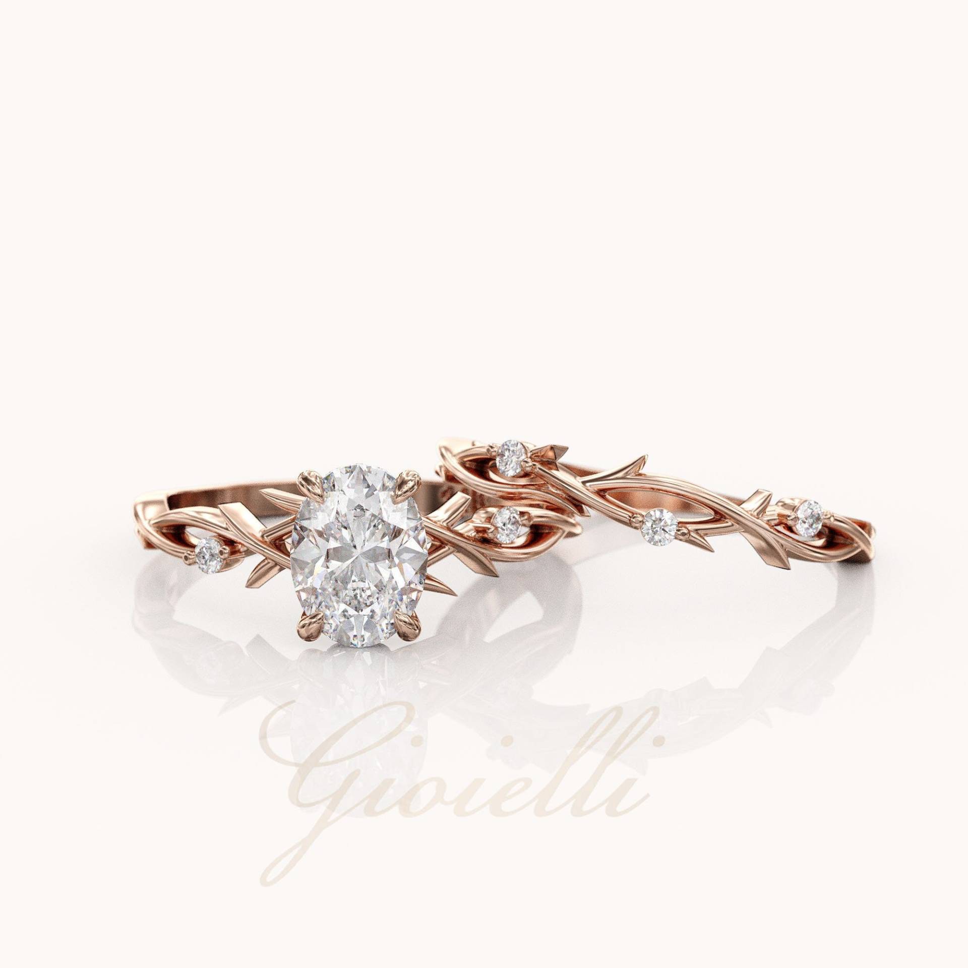 Ovaler Moissanit Verlobungsring, 1Ct Dainty Twig Verlobungsring Set, Natur Ring 14K/18K Gold von GioielliRings