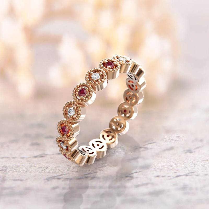 Regal 14K Rose Gold Eternity Ring Mit Rubin Und Diamant Lünette Set | Gioiellirings Eheringe, Kostenloser Versand, Geschenkbox von GioielliRings